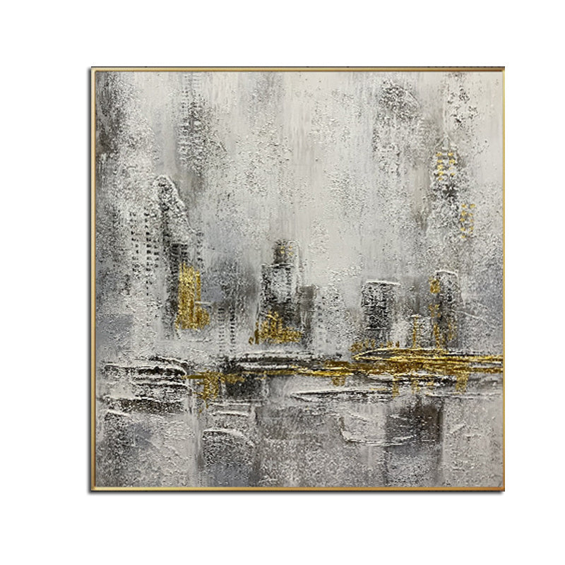 100% Handmade Gold Foil Abstract Oil Painting Wall Art Modern Minimalist City Building Canvas Home Decor For Living Room No Frame