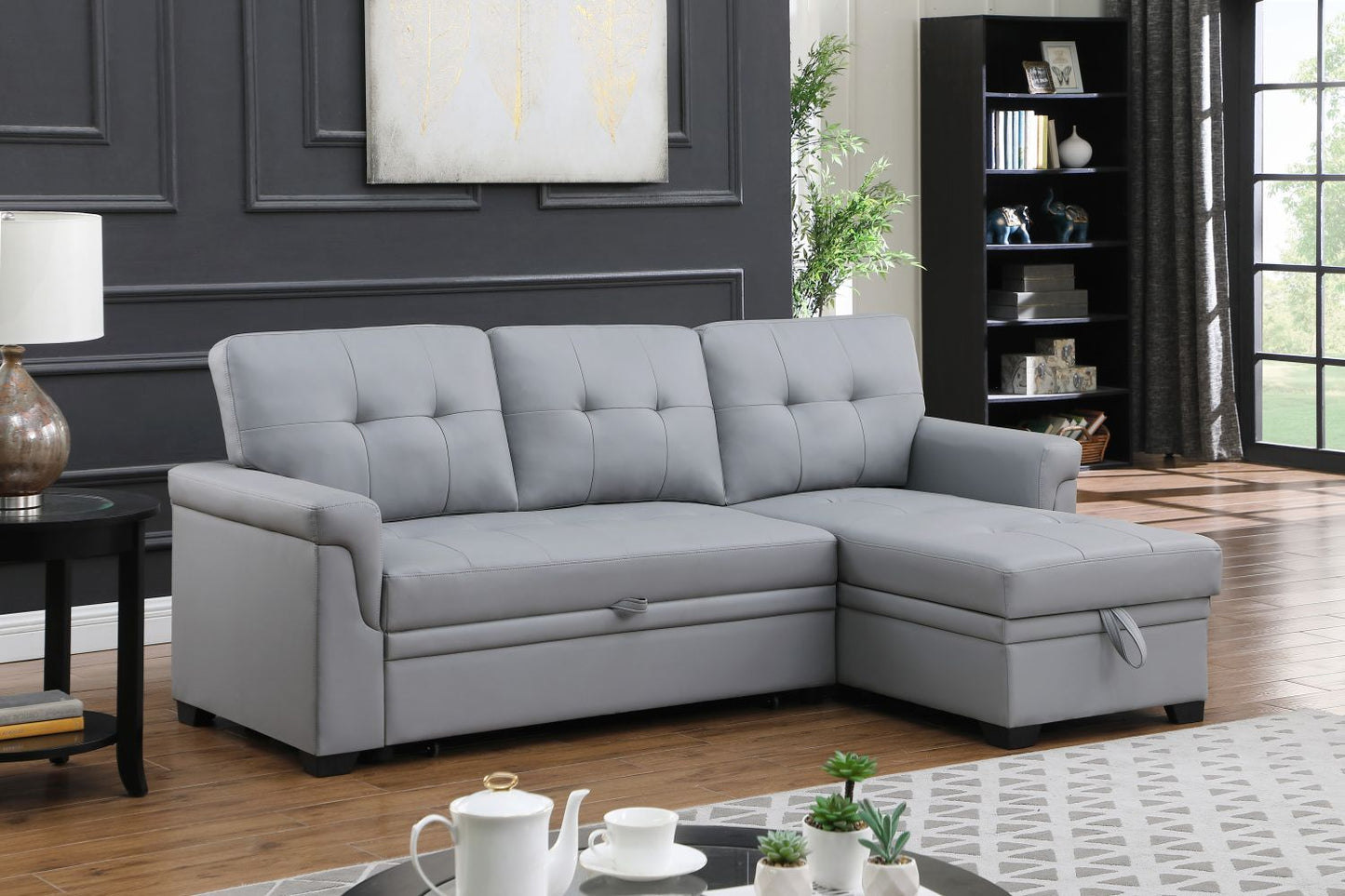 Lucca 83.5" Gray Vegan Leather Modern Reversible Sleeper Sectional Sofa with Storage Chaise