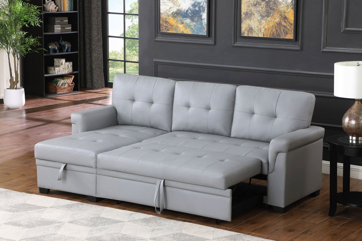 Lucca 83.5" Gray Vegan Leather Modern Reversible Sleeper Sectional Sofa with Storage Chaise