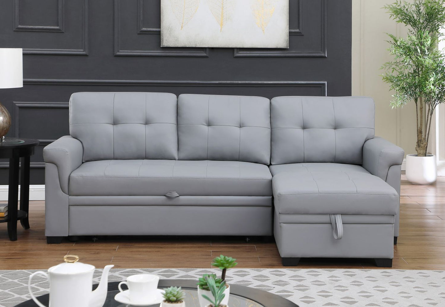 Lucca 83.5" Gray Vegan Leather Modern Reversible Sleeper Sectional Sofa with Storage Chaise