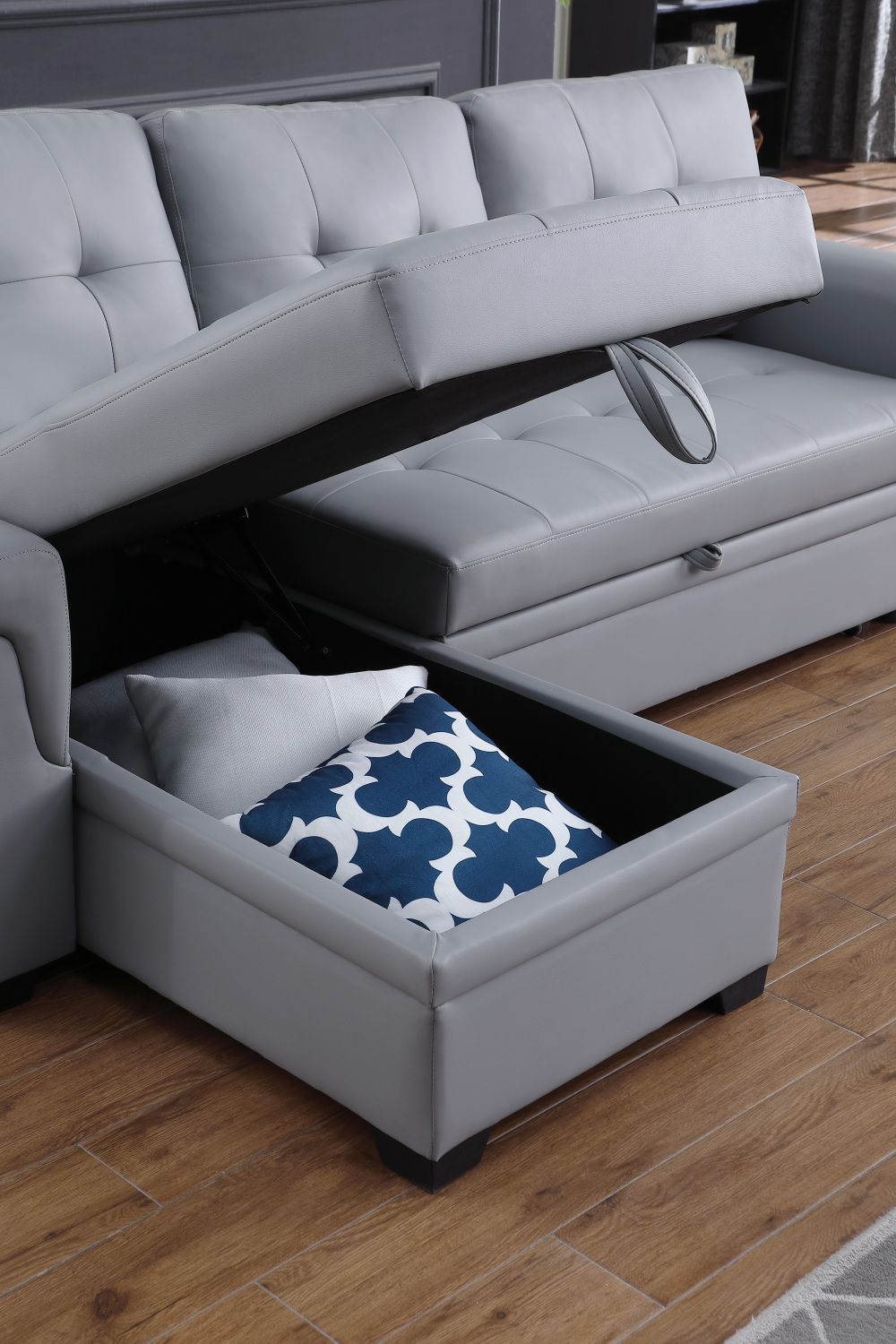 Lucca 83.5" Gray Vegan Leather Modern Reversible Sleeper Sectional Sofa with Storage Chaise