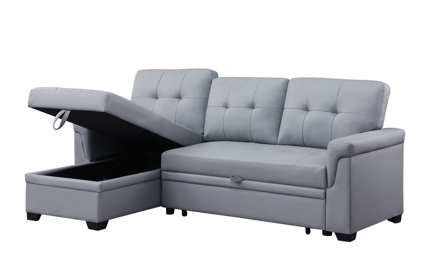 Lucca 83.5" Gray Vegan Leather Modern Reversible Sleeper Sectional Sofa with Storage Chaise