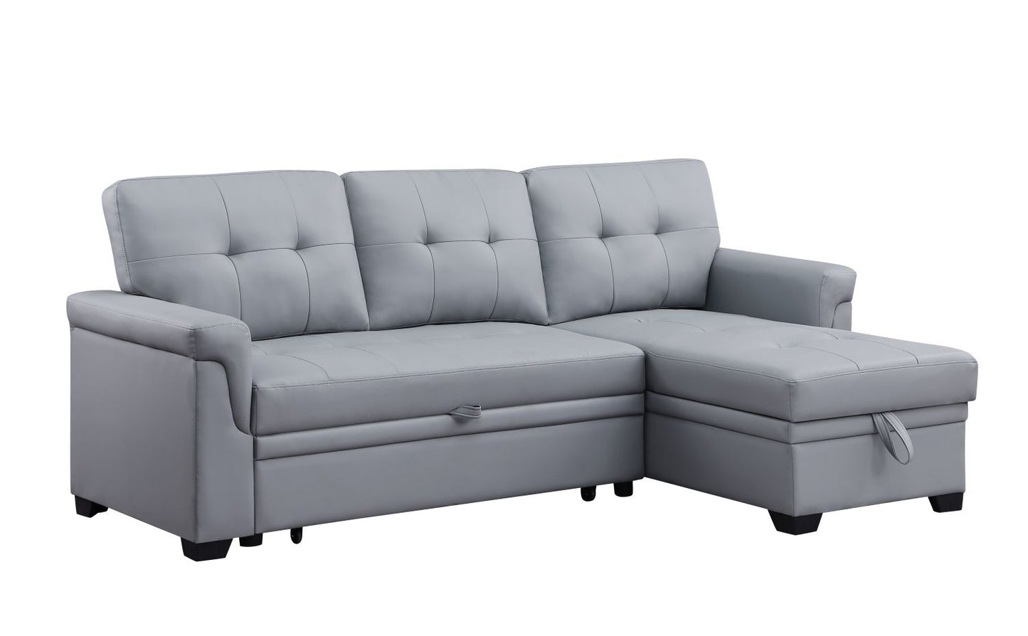 Lucca 83.5" Gray Vegan Leather Modern Reversible Sleeper Sectional Sofa with Storage Chaise