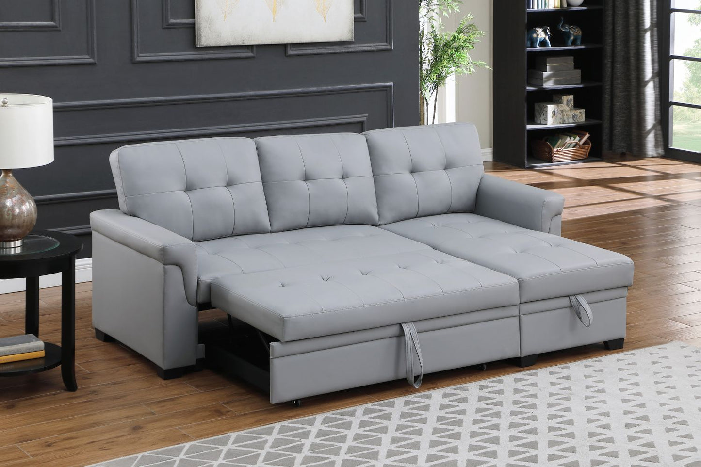 Lucca 83.5" Gray Vegan Leather Modern Reversible Sleeper Sectional Sofa with Storage Chaise