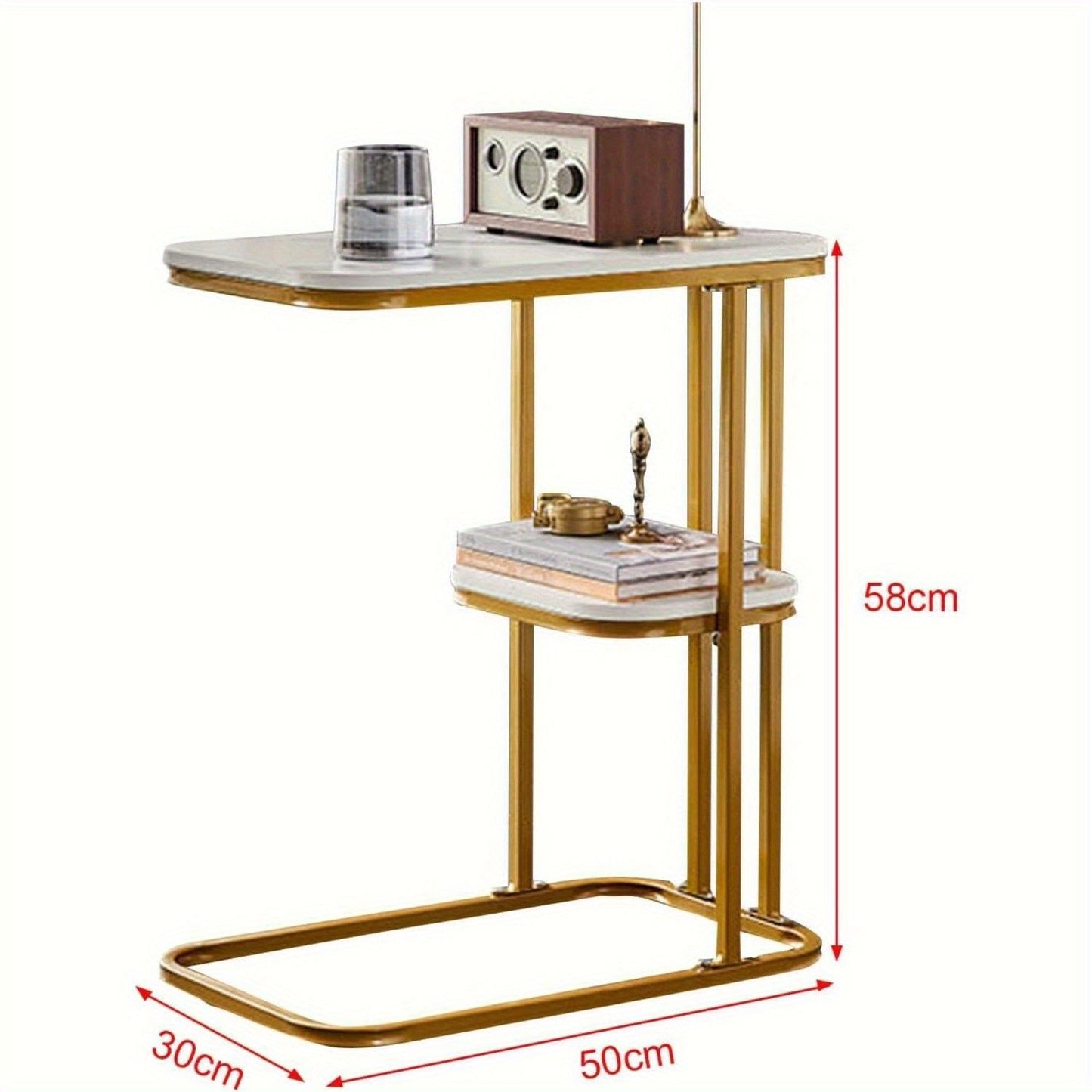 Coffee Table & Bedside Table - C - shaped Side Table for Sofa and Bed. Features Imitation Marble Tabletop and Steel Frame. Narrow Side Table for Bedroom and Living Room, Small Banquet Table (2-tier)