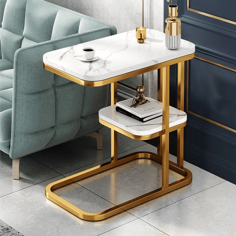 Coffee Table & Bedside Table - C - shaped Side Table for Sofa and Bed. Features Imitation Marble Tabletop and Steel Frame. Narrow Side Table for Bedroom and Living Room, Small Banquet Table (2-tier)