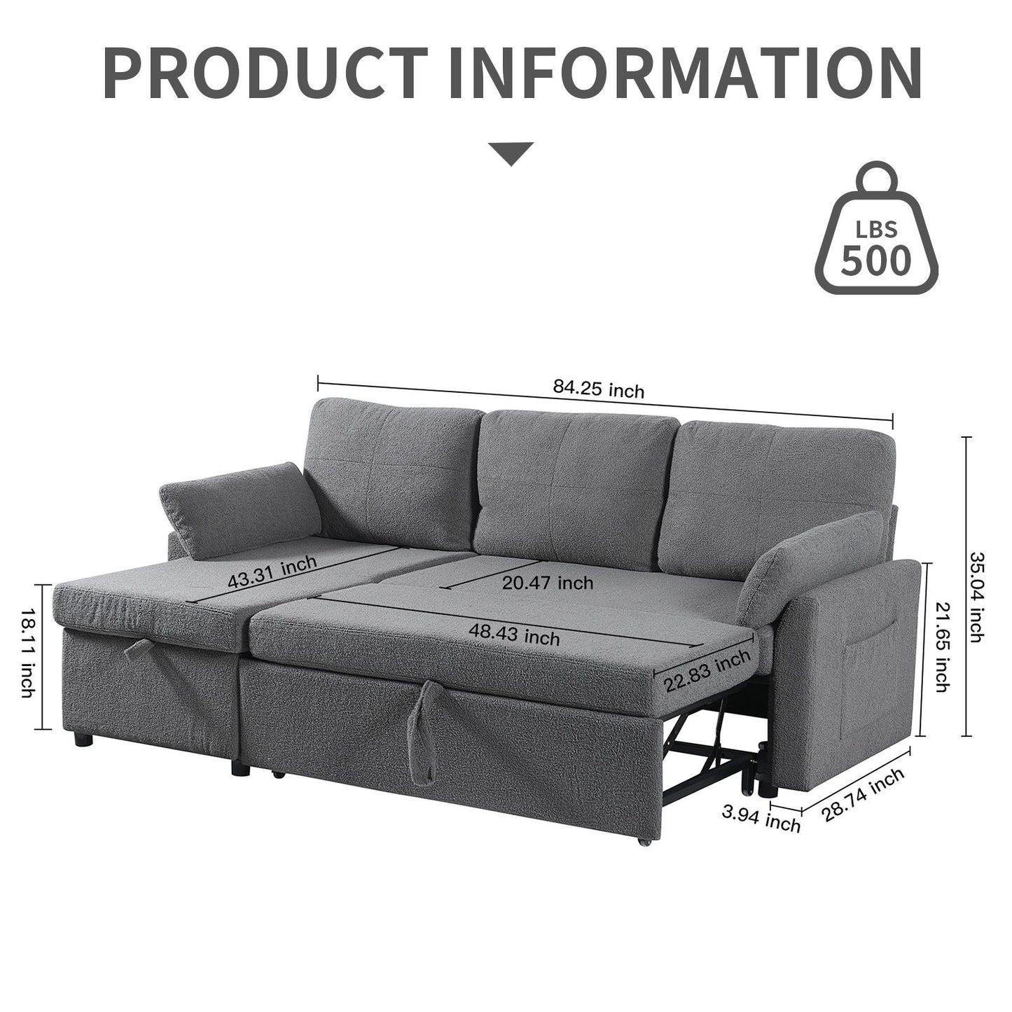 84.2" Sleeper Sofa Bed,Pull Out Sofa Bed with Storage Chaise L Shape Sectional Sofa