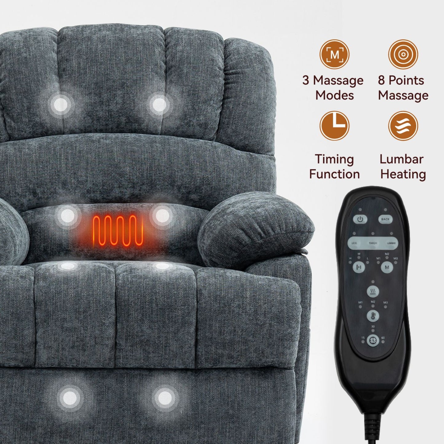 23" Seat Width and High Back Large Size Blue Grey Chenille Power Lift Recliner Chair with 8-Point Vibration Massage and Lumbar Heating