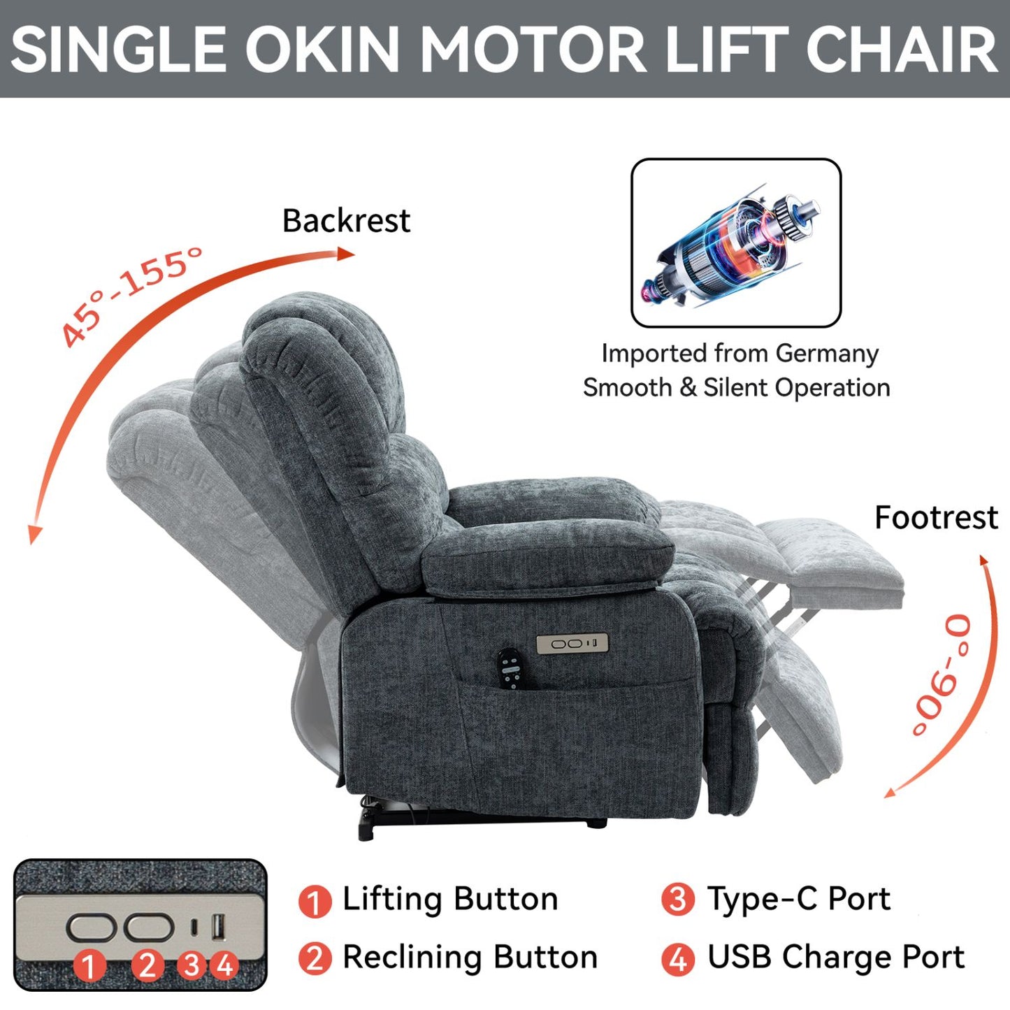 23" Seat Width and High Back Large Size Blue Grey Chenille Power Lift Recliner Chair with 8-Point Vibration Massage and Lumbar Heating