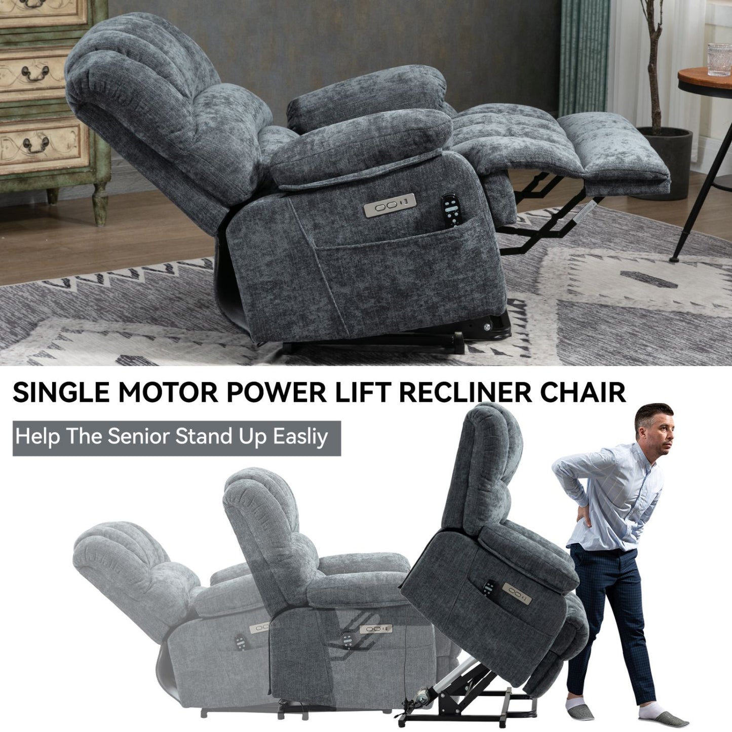 23" Seat Width and High Back Large Size Blue Grey Chenille Power Lift Recliner Chair with 8-Point Vibration Massage and Lumbar Heating