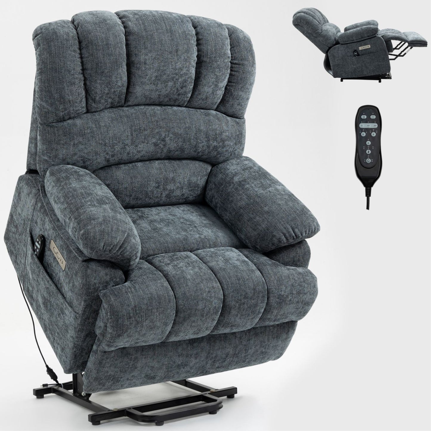 23" Seat Width and High Back Large Size Blue Grey Chenille Power Lift Recliner Chair with 8-Point Vibration Massage and Lumbar Heating