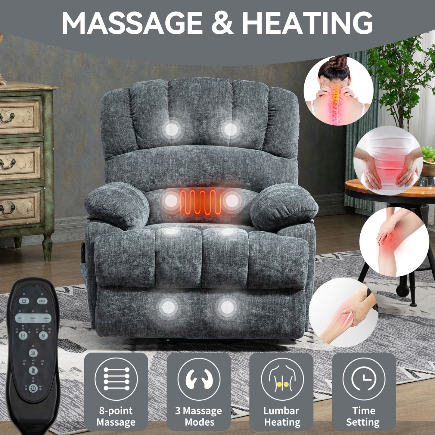 23" Seat Width and High Back Large Size Blue Grey Chenille Power Lift Recliner Chair with 8-Point Vibration Massage and Lumbar Heating