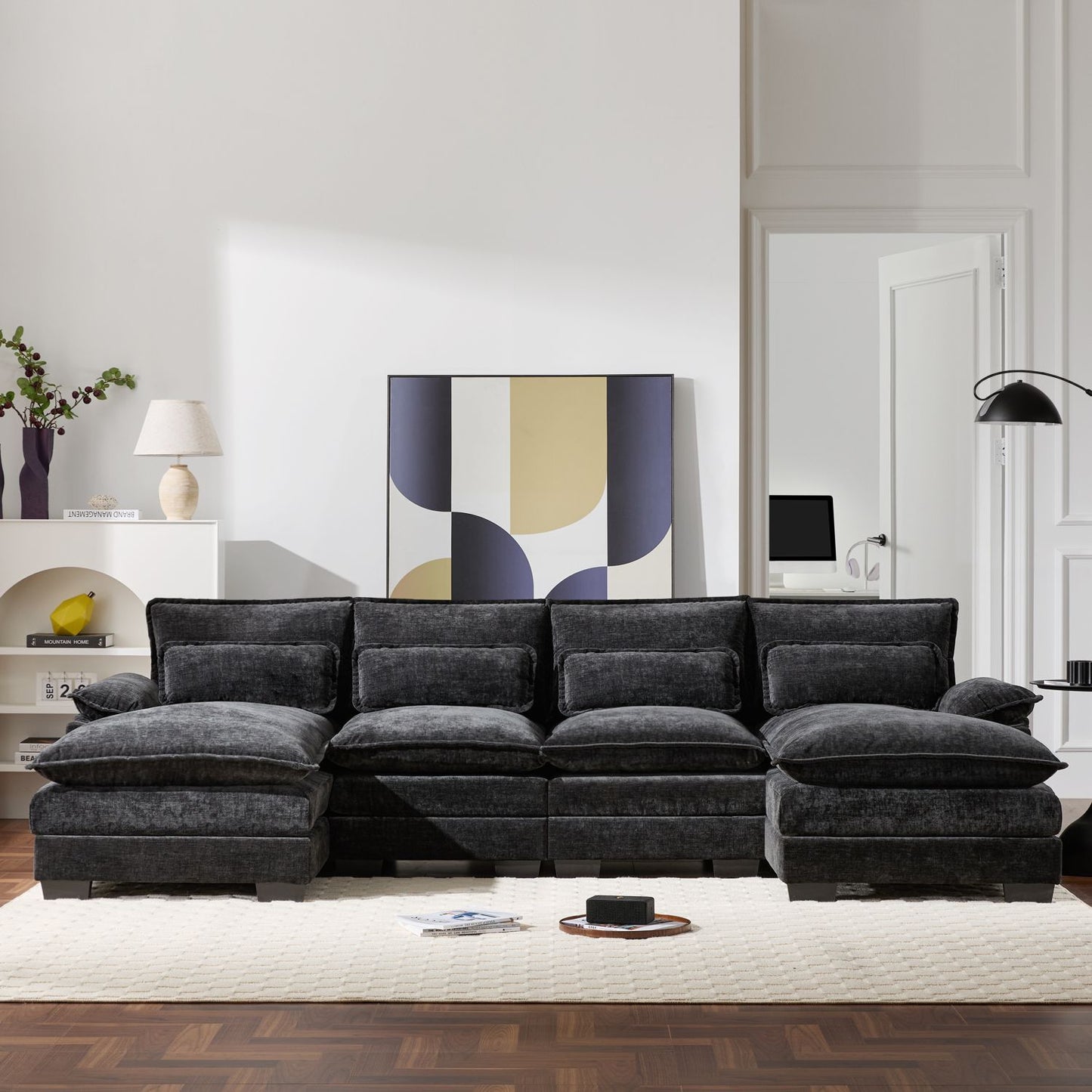 110*55" Modern Modular U-shaped Sectional Sofa with Waist Pillows,6 Seat Upholstered Symmetrical Indoor Furniture,Comfy Chenille Cloud Couch Set with Chaise Lounge for Living Room,Apartment,5 Colours