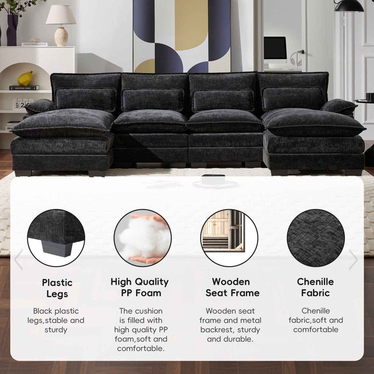 110*55" Modern Modular U-shaped Sectional Sofa with Waist Pillows,6 Seat Upholstered Symmetrical Indoor Furniture,Comfy Chenille Cloud Couch Set with Chaise Lounge for Living Room,Apartment,5 Colours