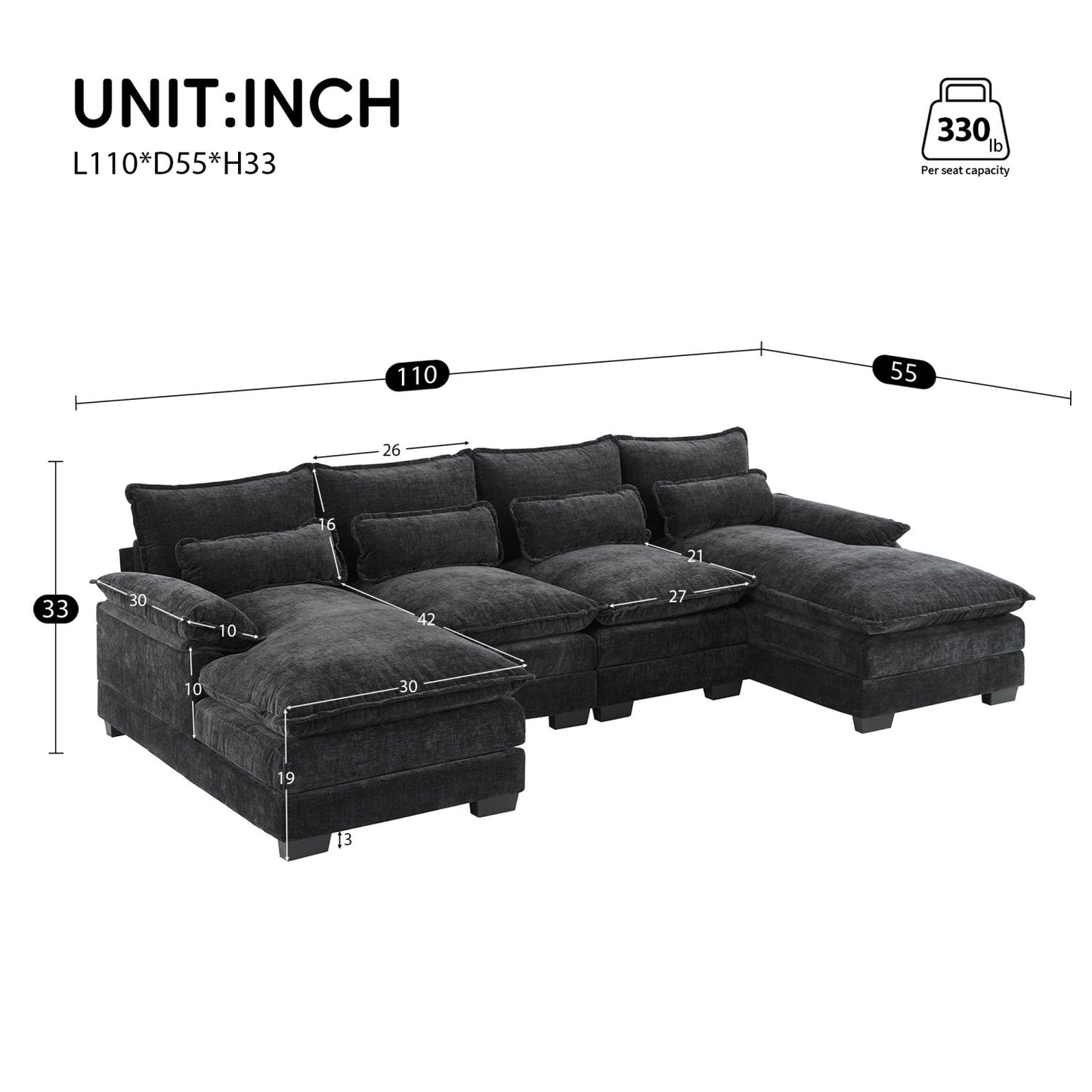 110*55" Modern Modular U-shaped Sectional Sofa with Waist Pillows,6 Seat Upholstered Symmetrical Indoor Furniture,Comfy Chenille Cloud Couch Set with Chaise Lounge for Living Room,Apartment,5 Colours