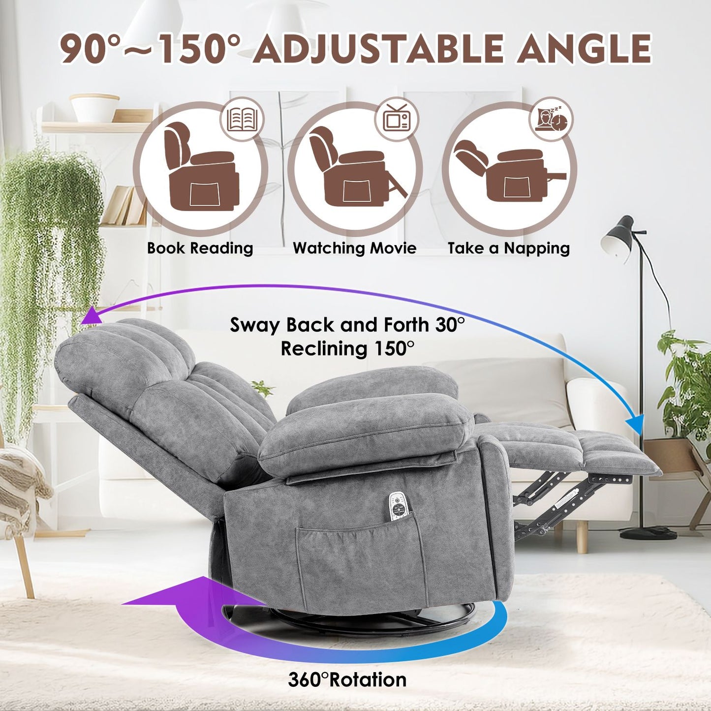 Massage Swivel Rocker Recliner Chair, Massage Chair for Living Room with Vibrating Massage and Heating Function, Ergonomic Lounge Chair with Rocking Function and Side Pocket, USB Charging Port(Grey)