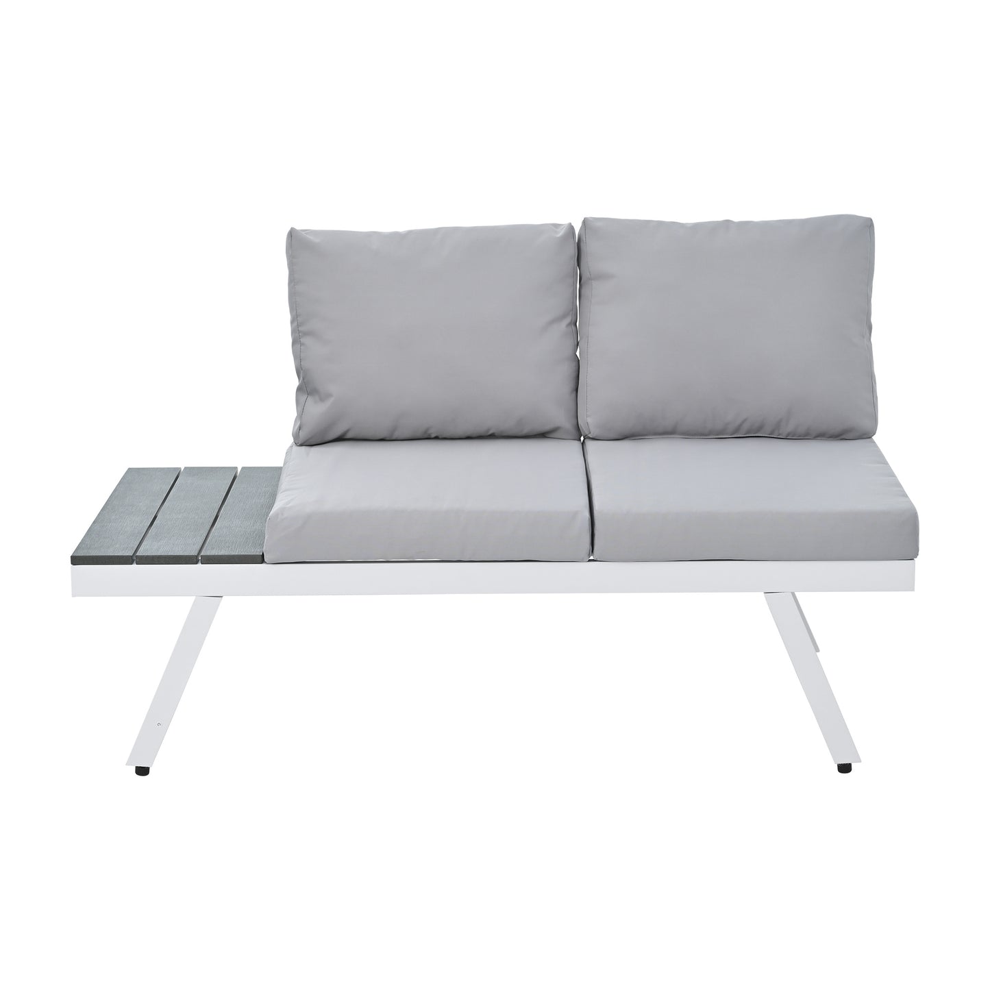 Industrial 5-Piece Aluminum Outdoor Patio Furniture Set; Modern Garden Sectional Sofa Set with End Tables; Coffee Table and Furniture Clips for Backyard; White+Grey