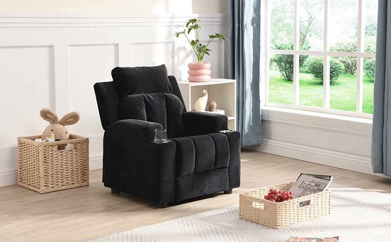 Kids Recliner Chair; Kids Upholstered Couch with Two Cup Holder; Footrest; Backrest; Toddlers Velvet Recliner with Headrest and Footrest