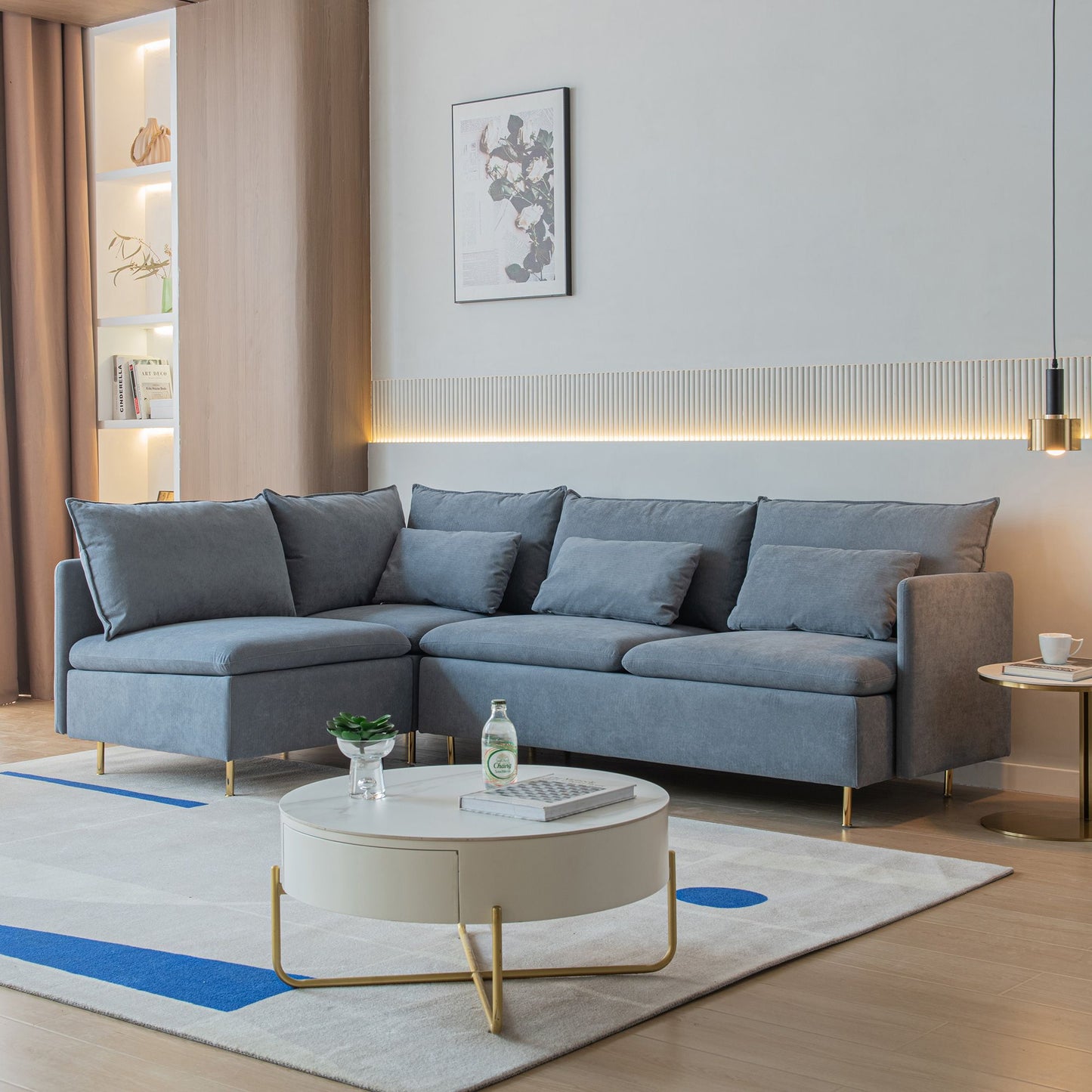 Modular L-shaped Corner sofa ; Left Hand Facing Sectional Couch; Grey Cotton Linen-90.9''