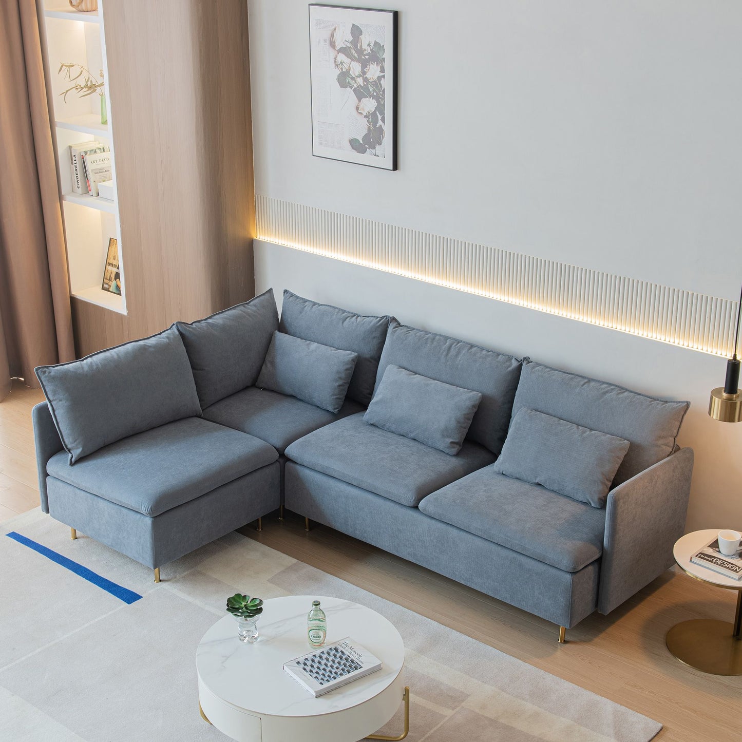 Modular L-shaped Corner sofa ; Left Hand Facing Sectional Couch; Grey Cotton Linen-90.9''