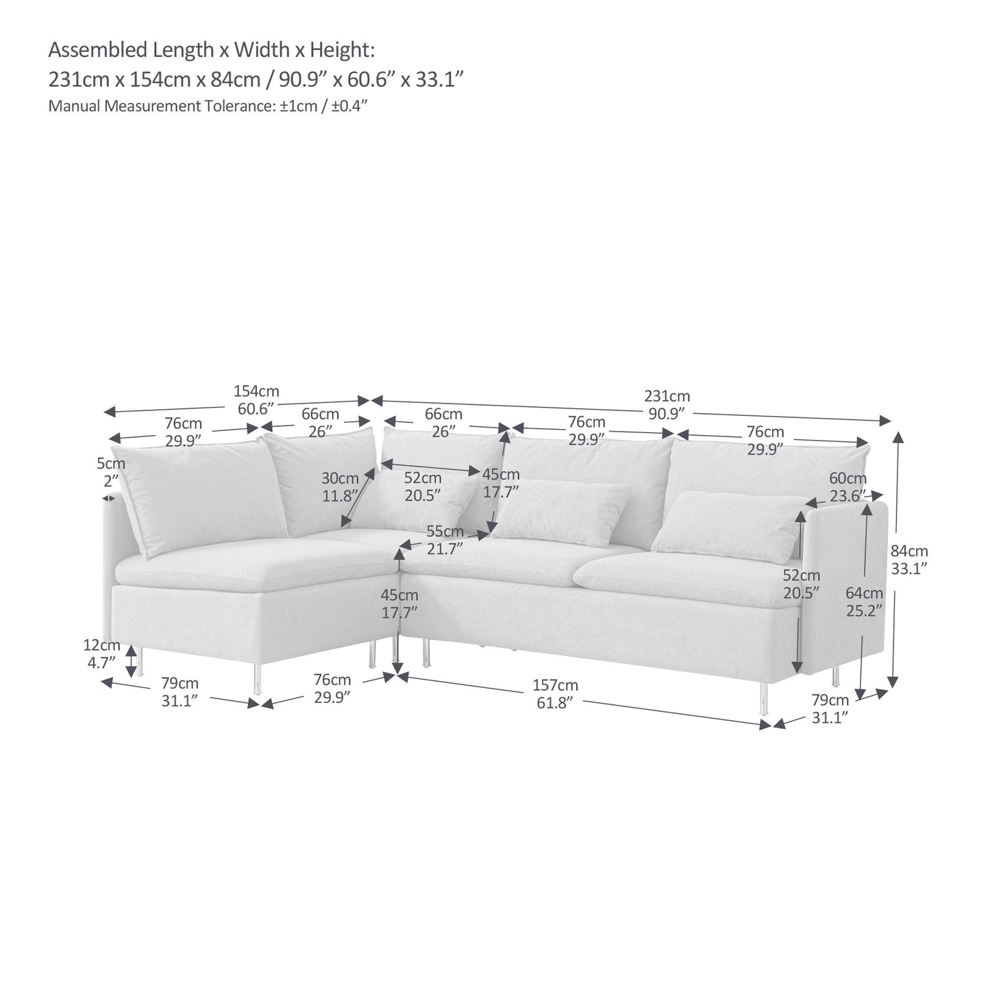 Modular L-shaped Corner sofa ; Left Hand Facing Sectional Couch; Grey Cotton Linen-90.9''