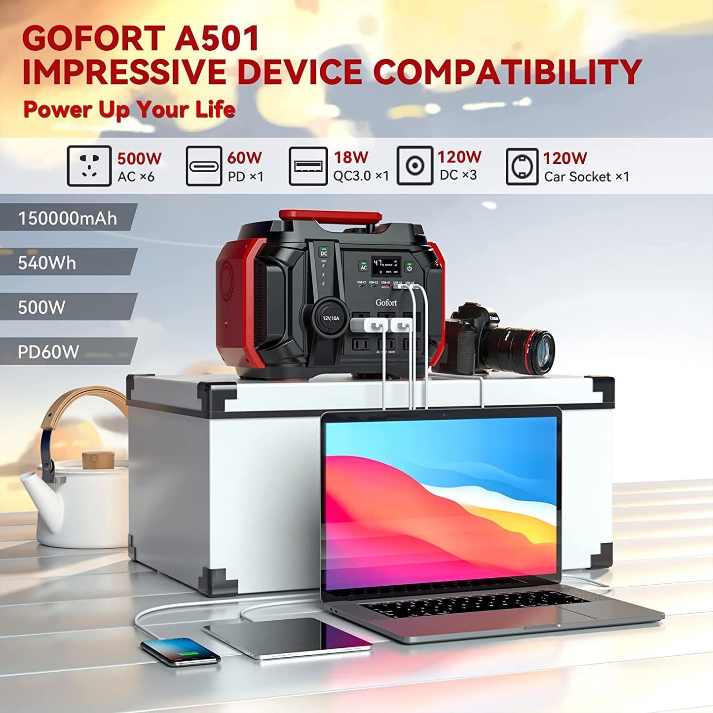 GOFORT Portable Power Station 540Wh/500W(Peak 1000W) 6 x AC 110V Outlets PD 60W Portable Solar Generator CPAP Battery Power Outage Supplies Emergency Backup Power for Outdoor RV/Van Camping Fishing