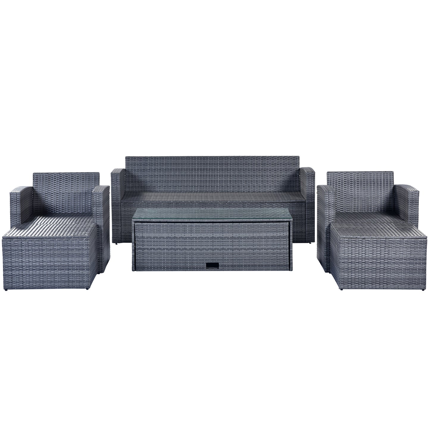 6-piece All-Weather Wicker PE rattan Patio Outdoor Dining Conversation Sectional Set with coffee table, wicker sofas, ottomans, removable cushions (Black wicker, Beige cushion)