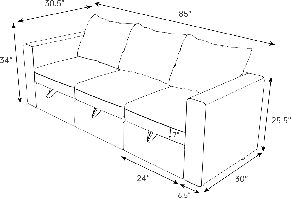 Livelylodge Modular 3-Seat Sofa with Wooden Frame and Pull-Out Bed, Convertible Sectional Sofa for Living Room, Available in Black, White, and Gray 85" L x 30.5" W x 34" H.
