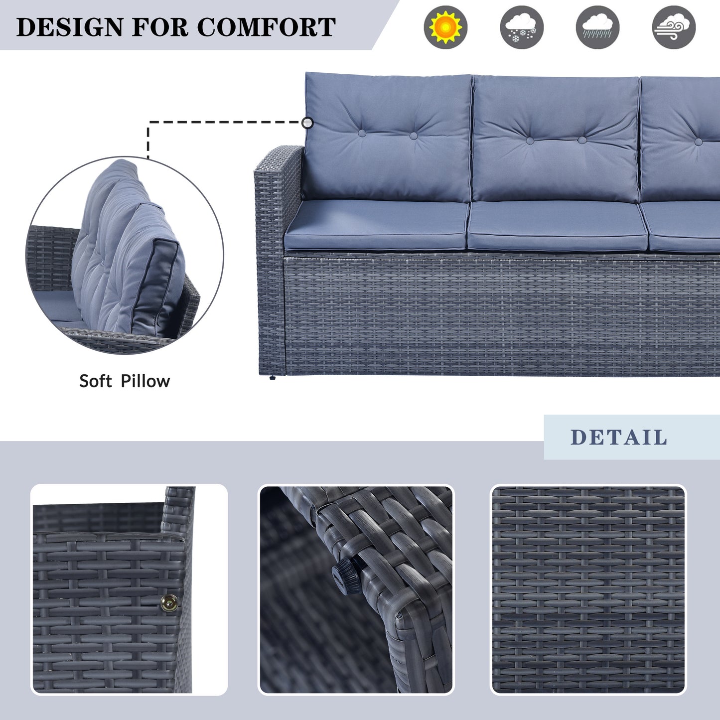 GO 6-piece All-Weather Wicker PE rattan Patio Outdoor Dining Conversation Sectional Set with coffee table, wicker sofas, ottomans, removable cushions (Dark grey wicker, Light grey cushion)