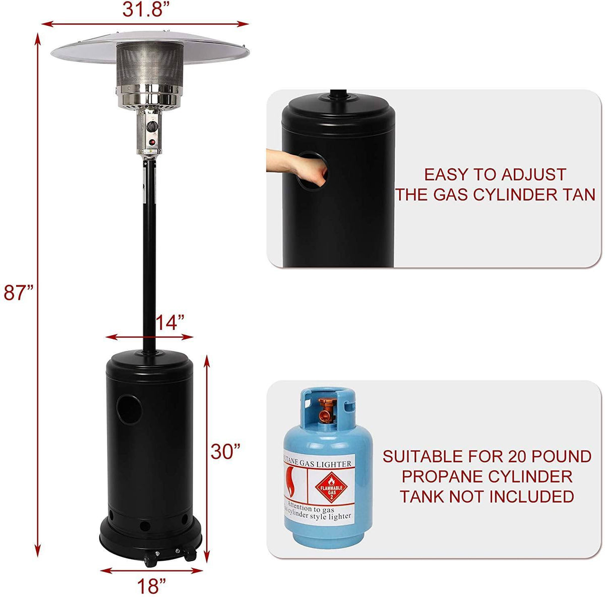 Bosonshop Outdoor Propane Heater Portable Patio Heater With Wheels 87 Inches Tall 36000 BTU for Commercial Courtyard (Black)