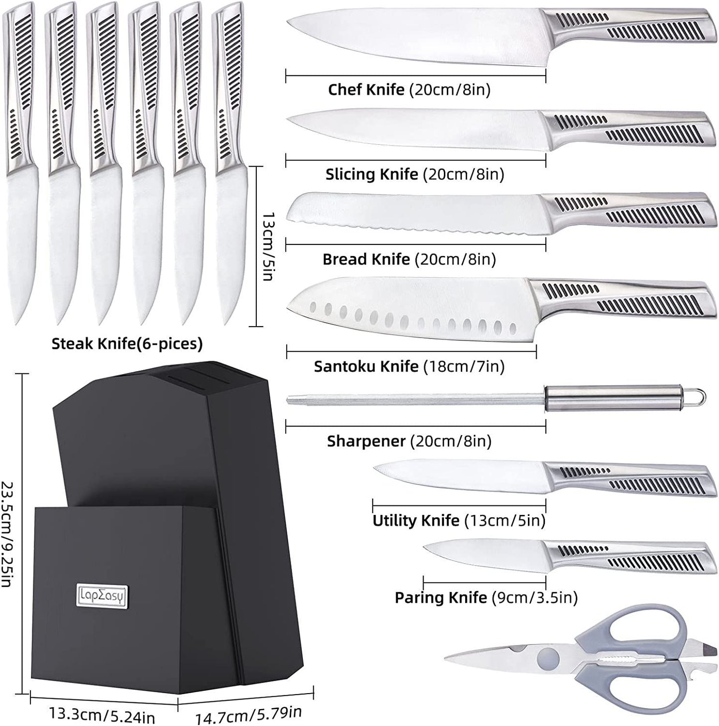 Kitchen Knife Set; LapEasy 15 Piece Knife Sets with Block Chef Knife Stainless Steel Hollow Handle Cutlery with Manual Sharpener