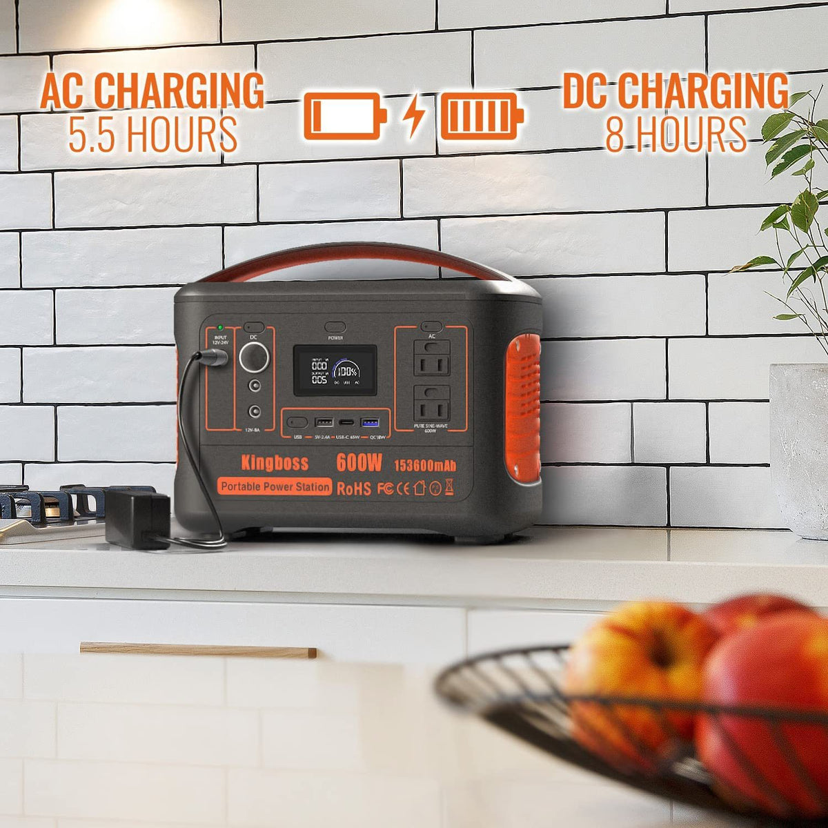 600W Portable Power Station Solar Generator (Peak 1200W) Kingboss; 153600mAh 568WH; Lithium Battery 110V/600W; AC Outlet; 2*DC Carport; 2*USB-C; QC USB 3.0; Camping Power bank; Outdoor Indoor