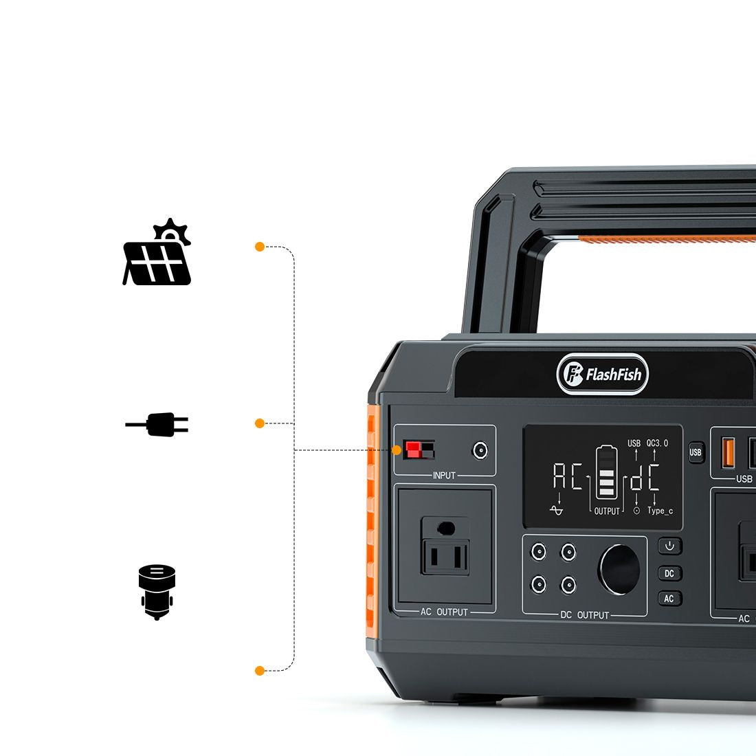 Flashfish 560W Portable Power Station; 520Wh/140400mAh Solar Generator Backup Power with 2x110V/560W AC Outlets; 5xDC Output and 4xUSB Outputs; Lithium Battery pack Lithium Battery Pack