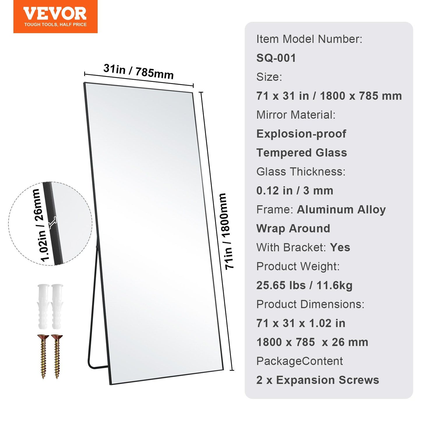 VEVOR Full Length Mirror, 71'' x 31'', Extra Large Standing Hanging or Leaning Rectangle Floor Tempered Mirror with Stand Aluminum Alloy Frame, Full Body Dressing Mirror for Living Room Bedroom, Black