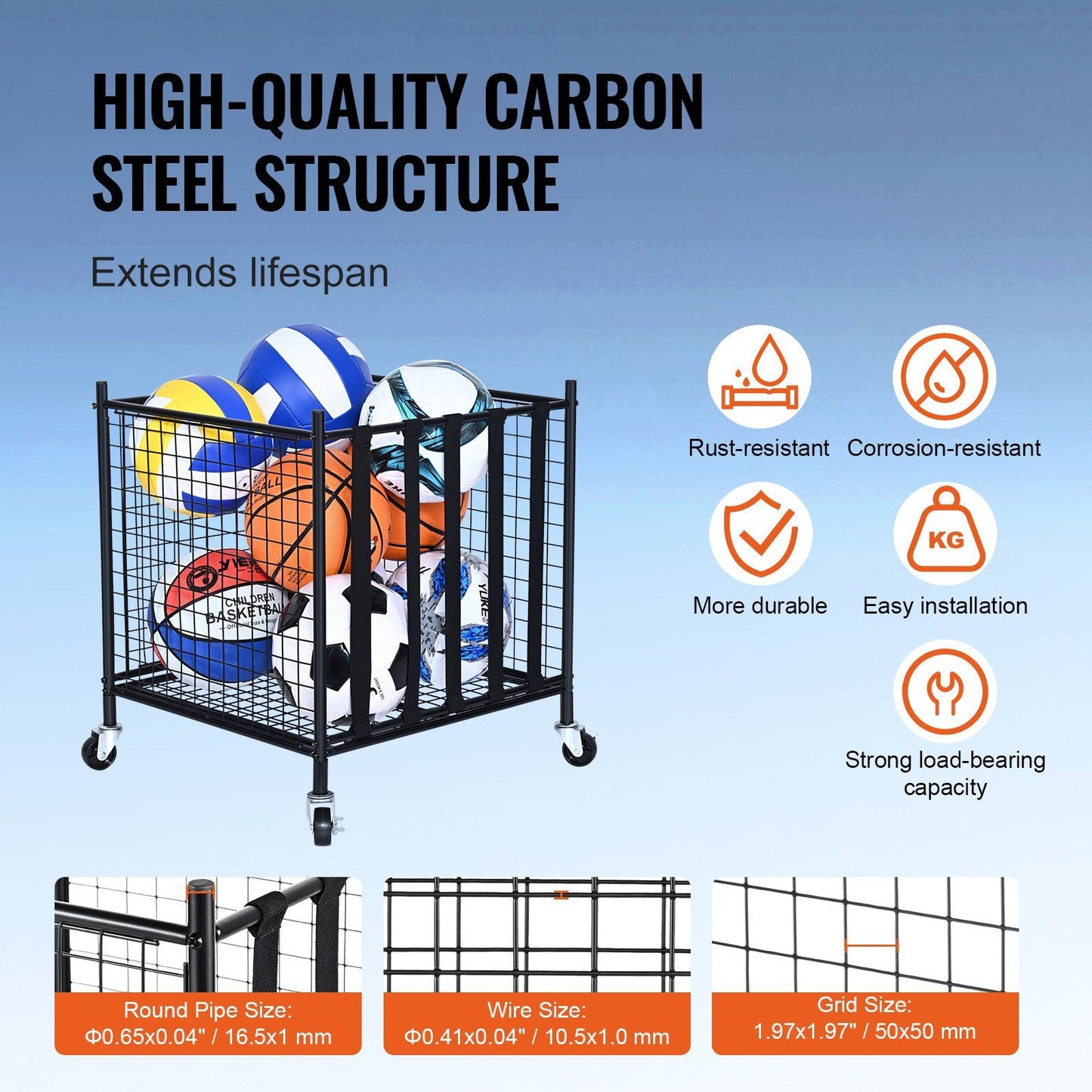 VEVOR Rolling Sports Ball Storage Cart, Lockable Basketball Cage with Elastic Straps, Sport Equipment Holder Organizer for Indoor Outdoor, Steel Storage Rack for Garages, Playgroup, Gym and Schools