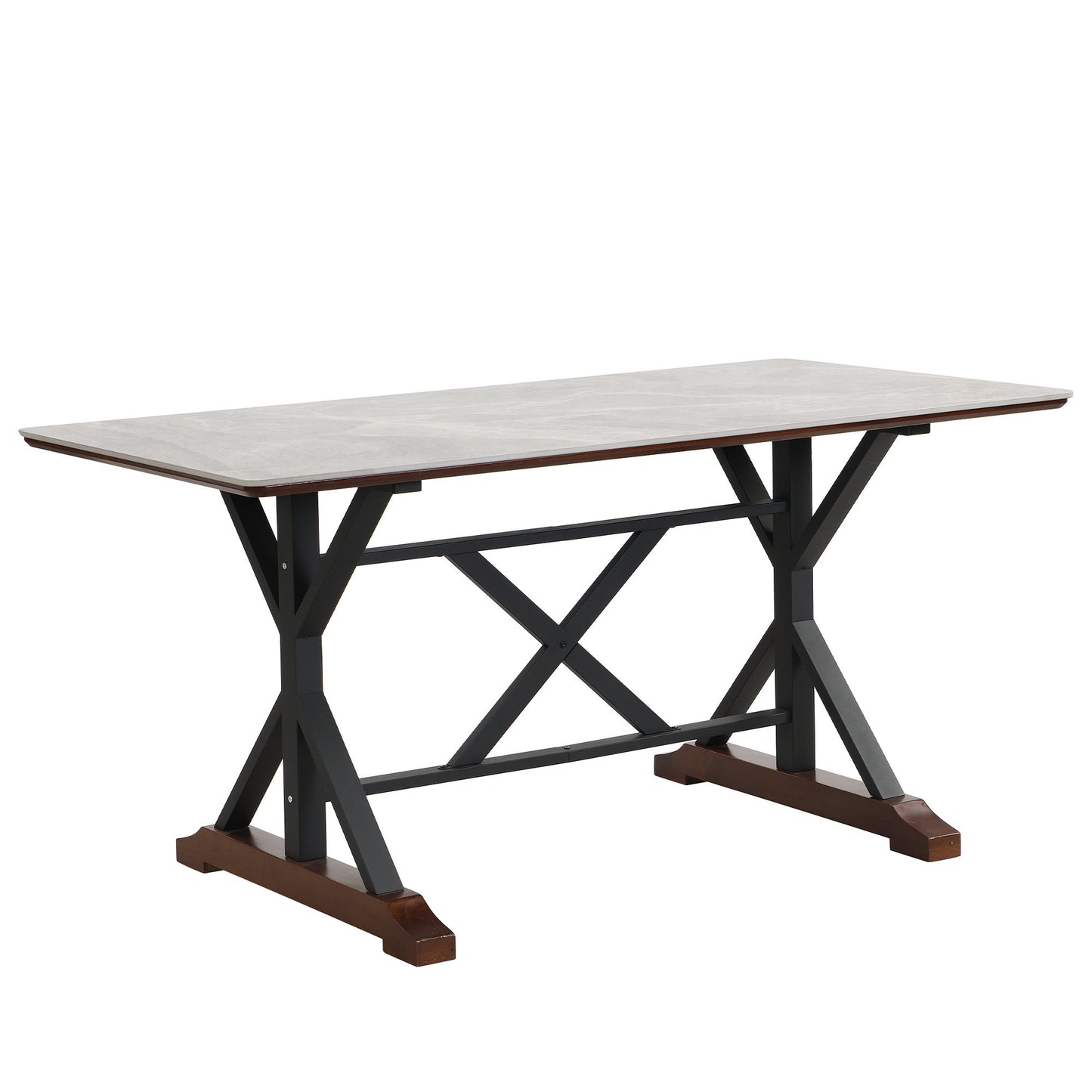 Sintered Stone Dining Table, 63" Modern Gray Rectangular Kitchen Dinner Table, Faux Marble Dining Room Table with X-shaped Metal Legs and Solid Wood Base, Scratch and Heat Resistant, Table Only