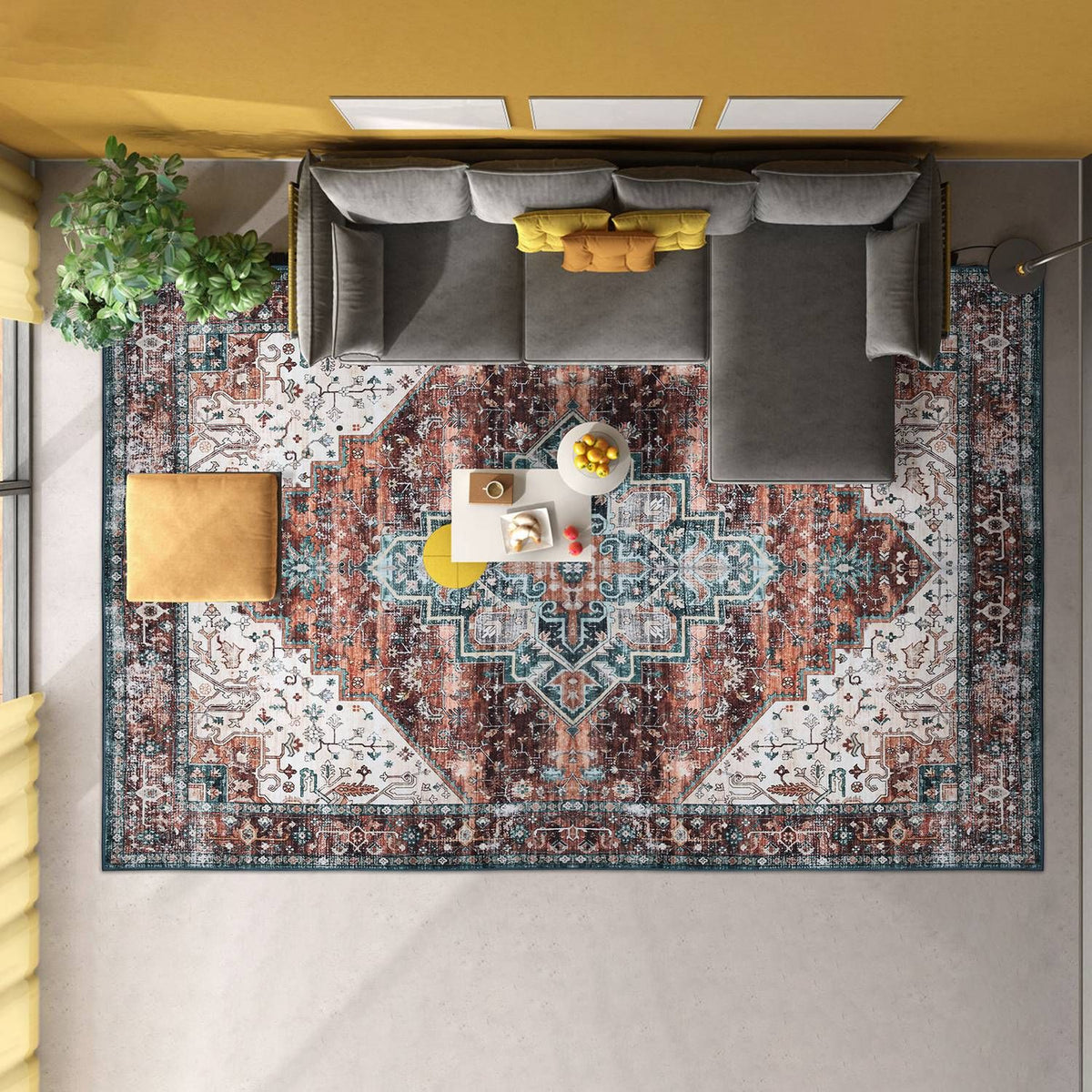 Vintage Area Rug Modern Non Slip Carpet Boho Low Pile Soft Rug Waterproof Machine Washable Rug for Living Room Bedroom Kitchen Dining Room Under Table
