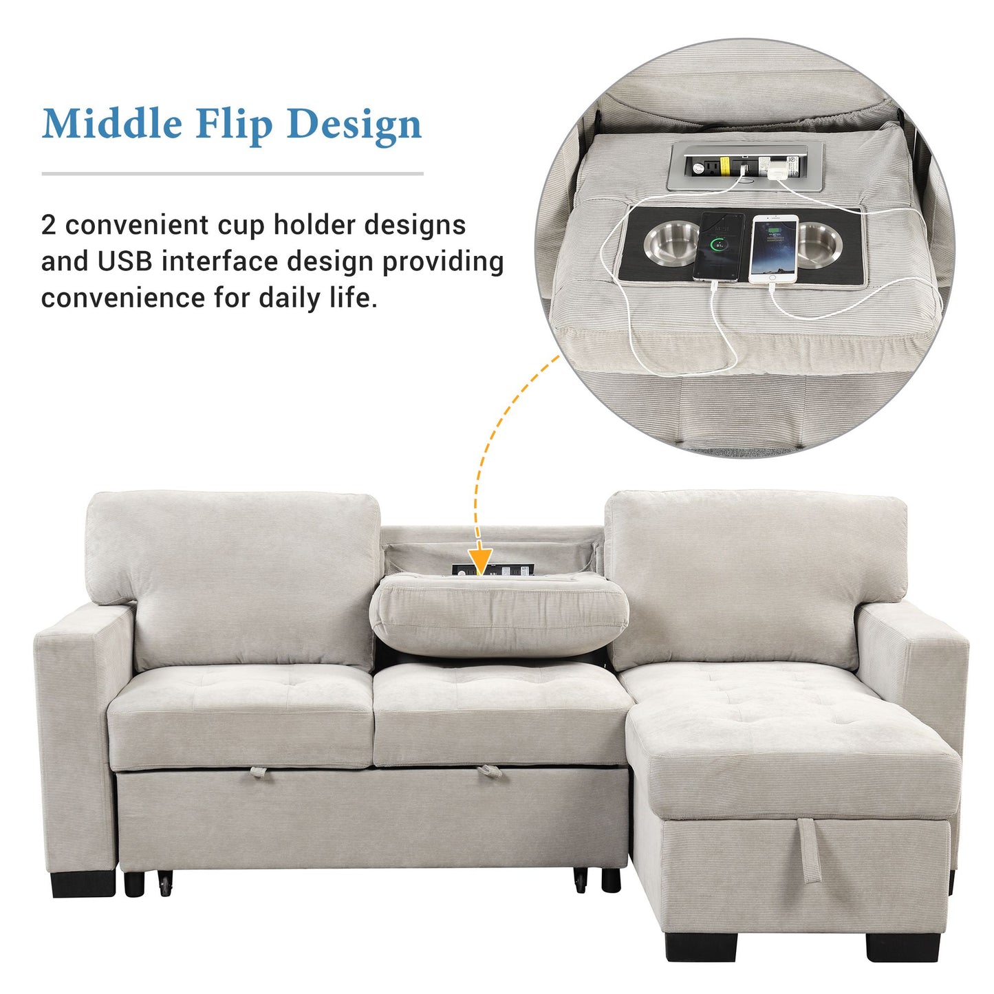 Stylish and Functional Light Chaise Lounge Sectional with Storage Rack Pull-out Bed Drop Down Table and USB Charger