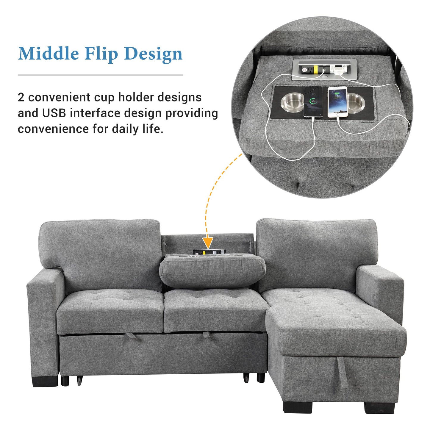 Stylish and Functional Light Chaise Lounge Sectional with Storage Rack Pull-out Bed Drop Down Table and USB Charger