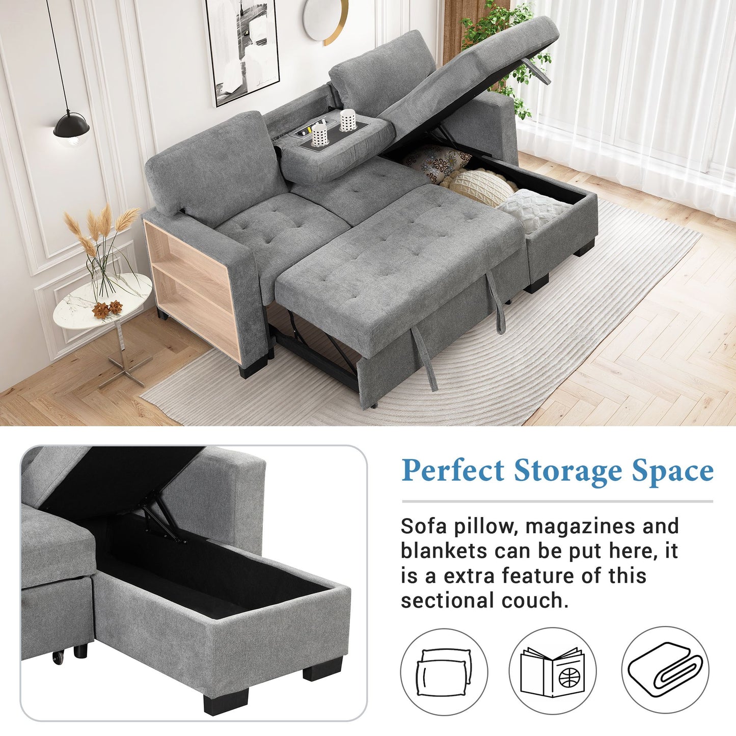 Stylish and Functional Light Chaise Lounge Sectional with Storage Rack Pull-out Bed Drop Down Table and USB Charger