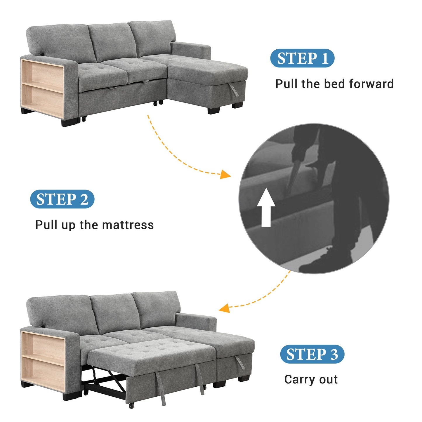 Stylish and Functional Light Chaise Lounge Sectional with Storage Rack Pull-out Bed Drop Down Table and USB Charger