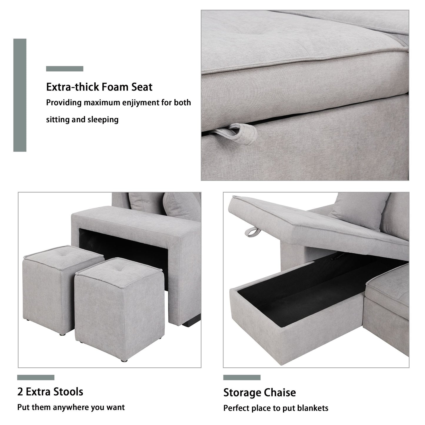 104.5" Pull Out Sleeper Sofa Reversible L-Shape 3 Seat Sectional Couch with Storage Chaise and 2 Stools for Living Room Furniture Set