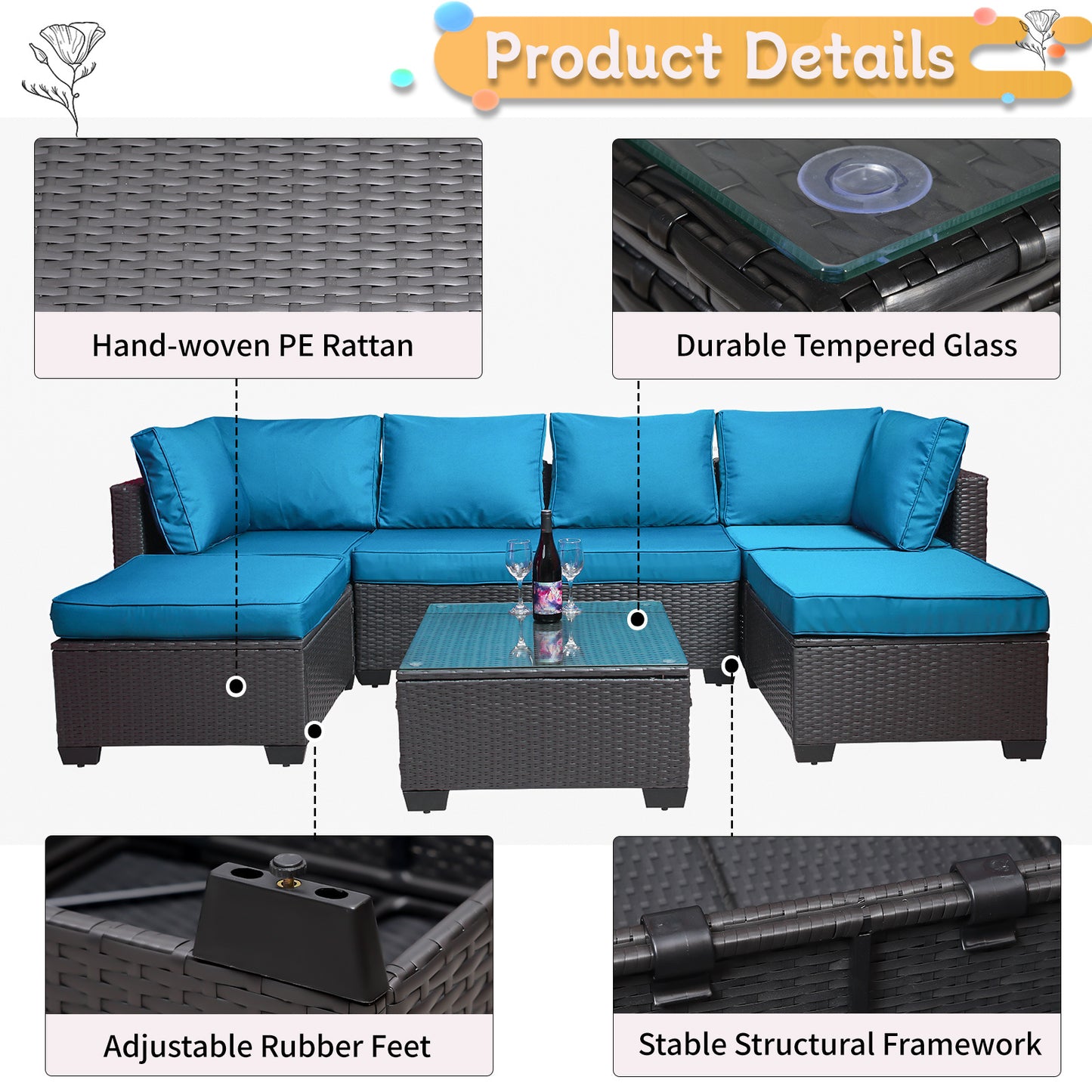 7 Pieces Outdoor Patio Sectional Sofa Couch, Silver Gray PE Wicker Furniture Conversation Sets with Washable Cushions & Glass Coffee Table for Garden, Poolside, Backyard