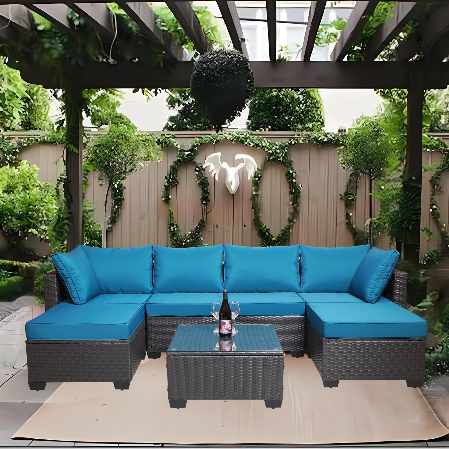 7 Pieces Outdoor Patio Sectional Sofa Couch, Silver Gray PE Wicker Furniture Conversation Sets with Washable Cushions & Glass Coffee Table for Garden, Poolside, Backyard