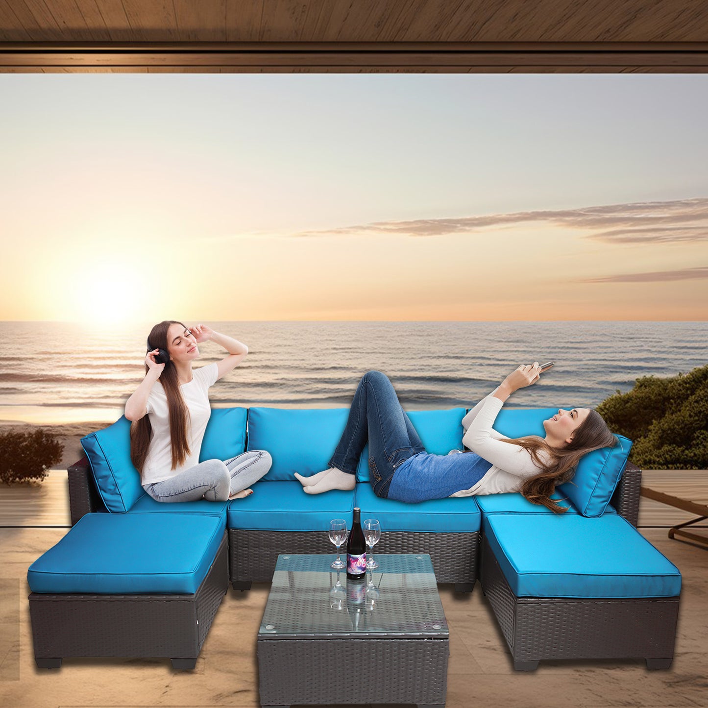 7 Pieces Outdoor Patio Sectional Sofa Couch, Silver Gray PE Wicker Furniture Conversation Sets with Washable Cushions & Glass Coffee Table for Garden, Poolside, Backyard