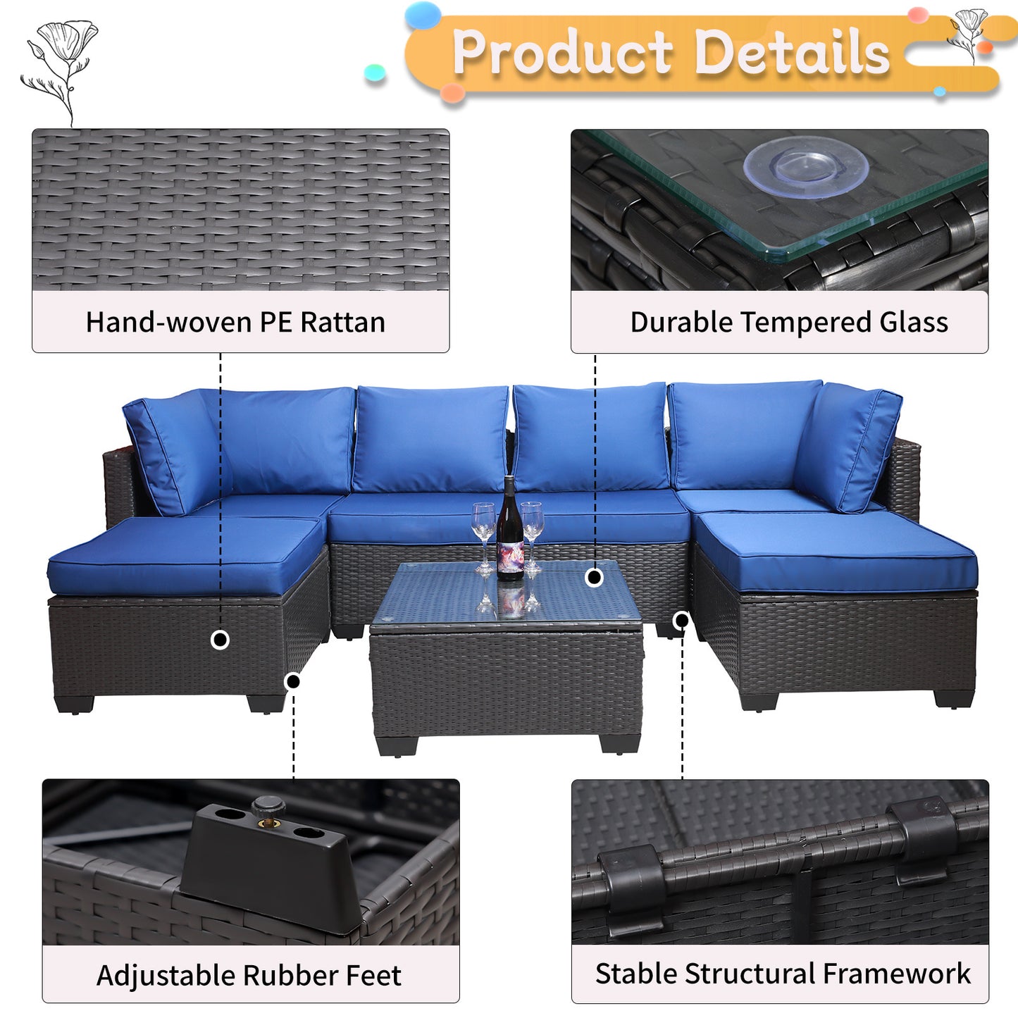 7 Pieces Outdoor Patio Sectional Sofa Couch, Silver Gray PE Wicker Furniture Conversation Sets with Washable Cushions & Glass Coffee Table for Garden, Poolside, Backyard