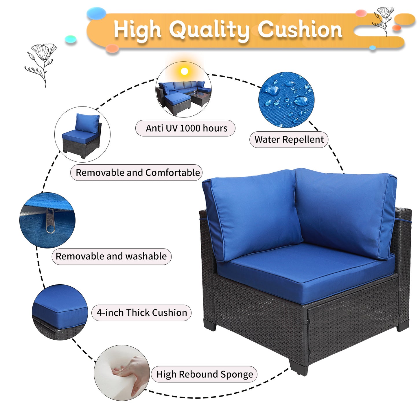 7 Pieces Outdoor Patio Sectional Sofa Couch, Silver Gray PE Wicker Furniture Conversation Sets with Washable Cushions & Glass Coffee Table for Garden, Poolside, Backyard