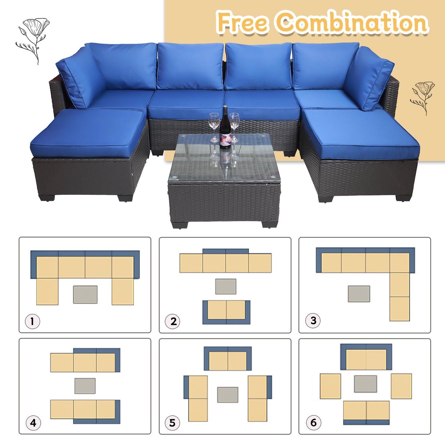 7 Pieces Outdoor Patio Sectional Sofa Couch, Silver Gray PE Wicker Furniture Conversation Sets with Washable Cushions & Glass Coffee Table for Garden, Poolside, Backyard