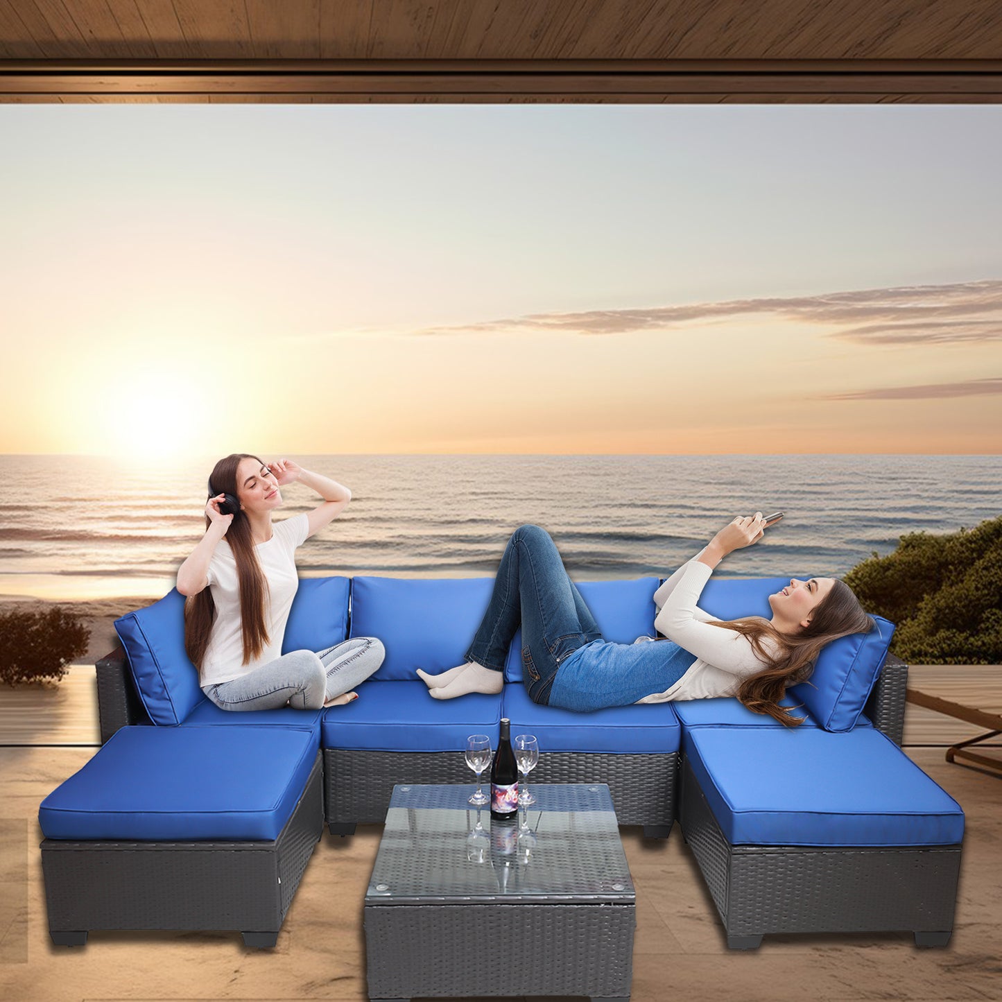 7 Pieces Outdoor Patio Sectional Sofa Couch, Silver Gray PE Wicker Furniture Conversation Sets with Washable Cushions & Glass Coffee Table for Garden, Poolside, Backyard