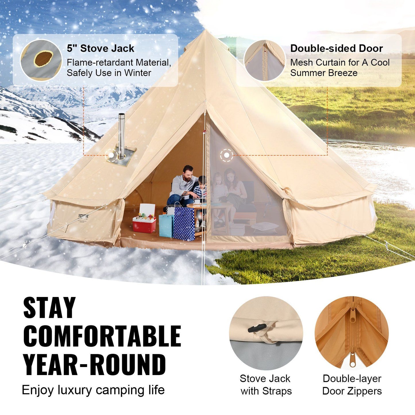 VEVOR 3-5 Person Canvas Glamping Bell Tent, Breathable Waterproof Yurt Tent with Stove Jack and Detachable Side Wall for Family Camping, 10'x 10'x98"(Diameter 3M)